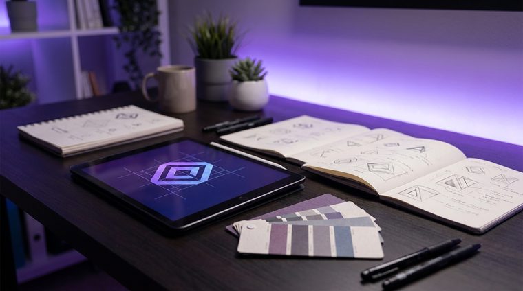 Brand design studio desk with identity work