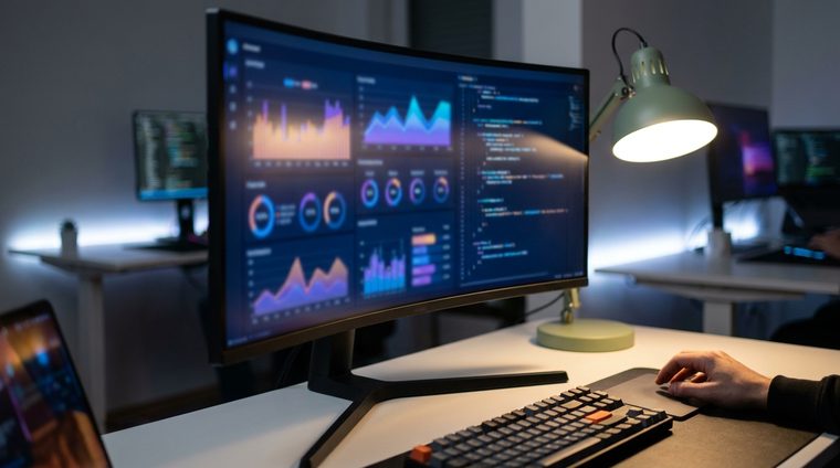 Software engineering workspace with glowing interfaces