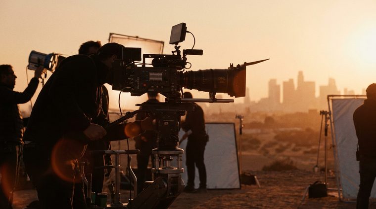 Cinematic film production on set at golden hour