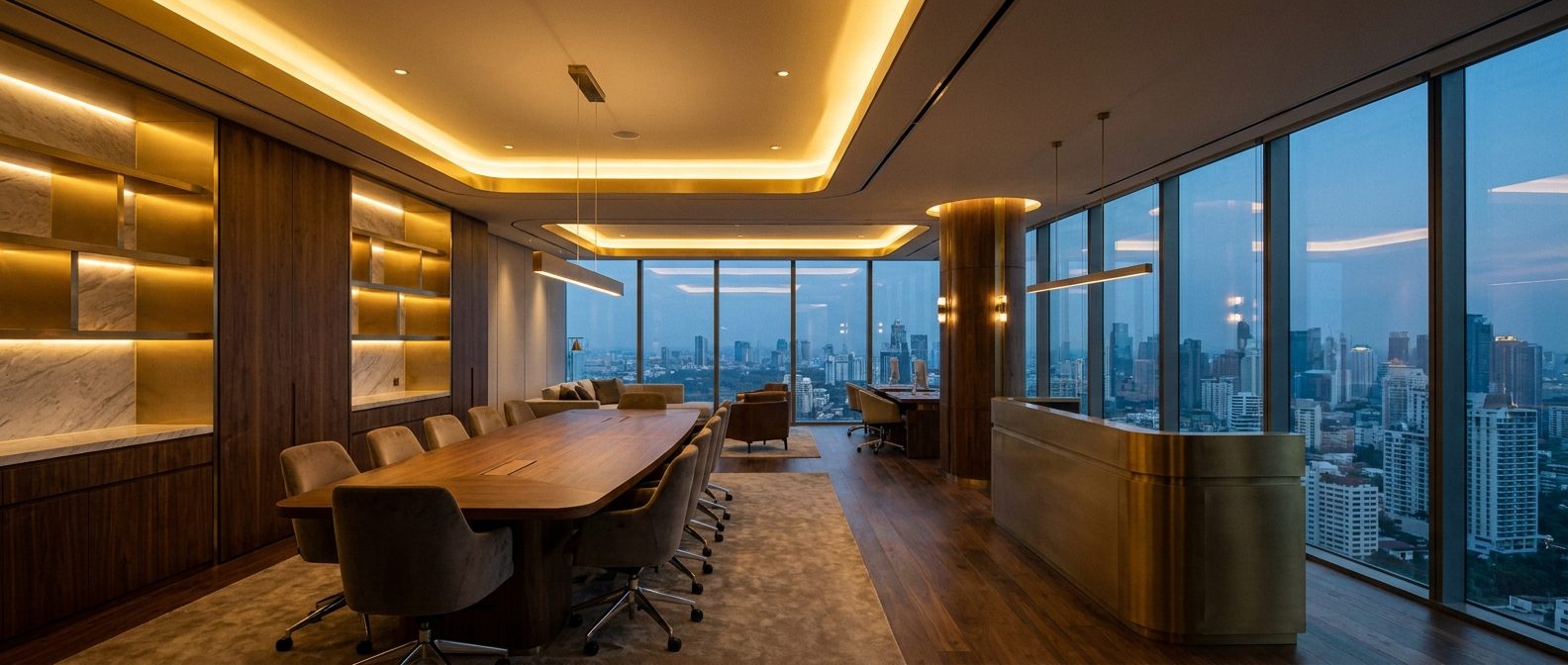 Premium boardroom with city skyline at dusk