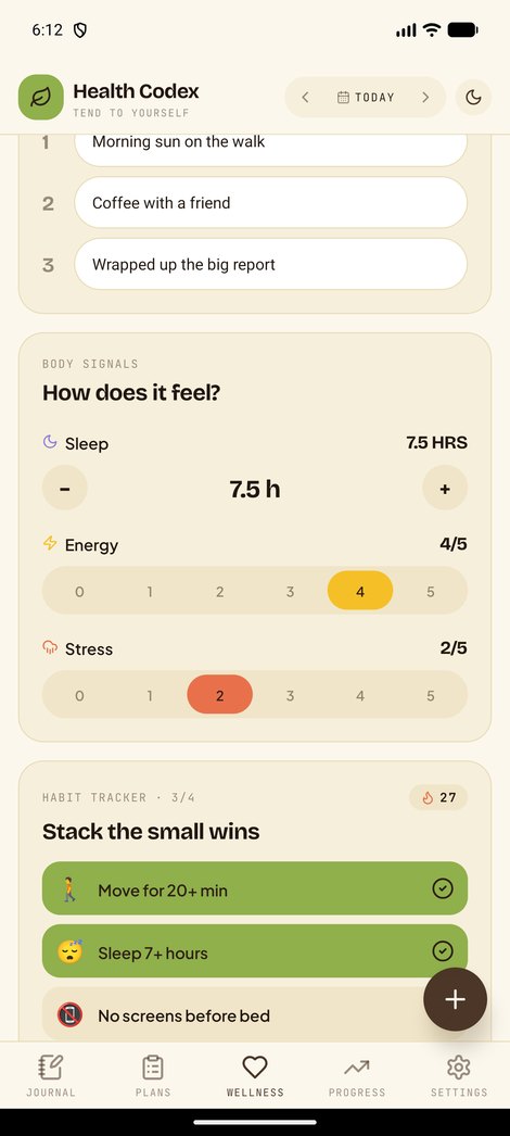 Health Codex wellness check-in screen